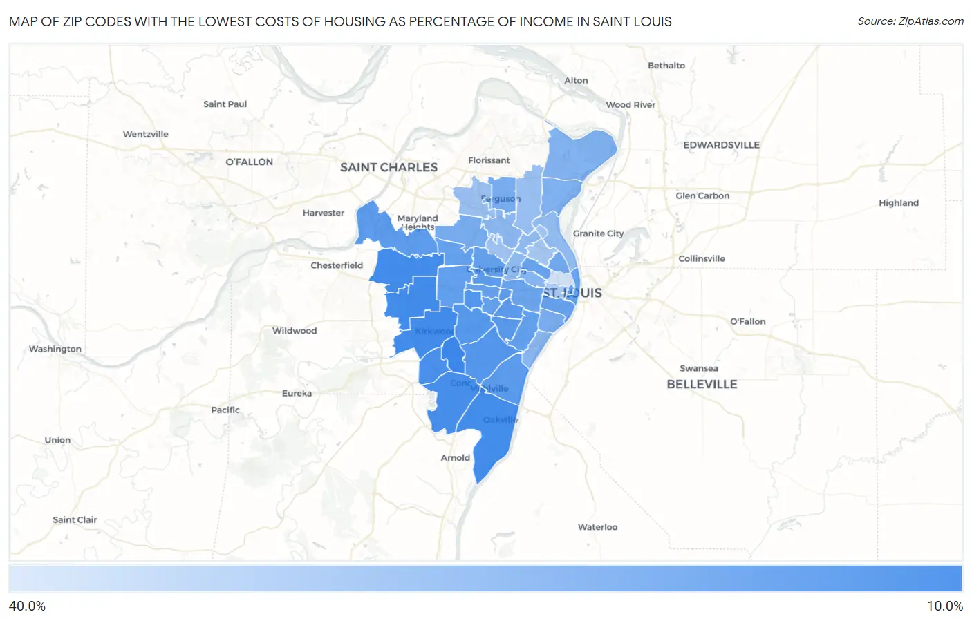 Zip Codes with the Lowest Costs of Housing as Percentage of Income in Saint Louis Map