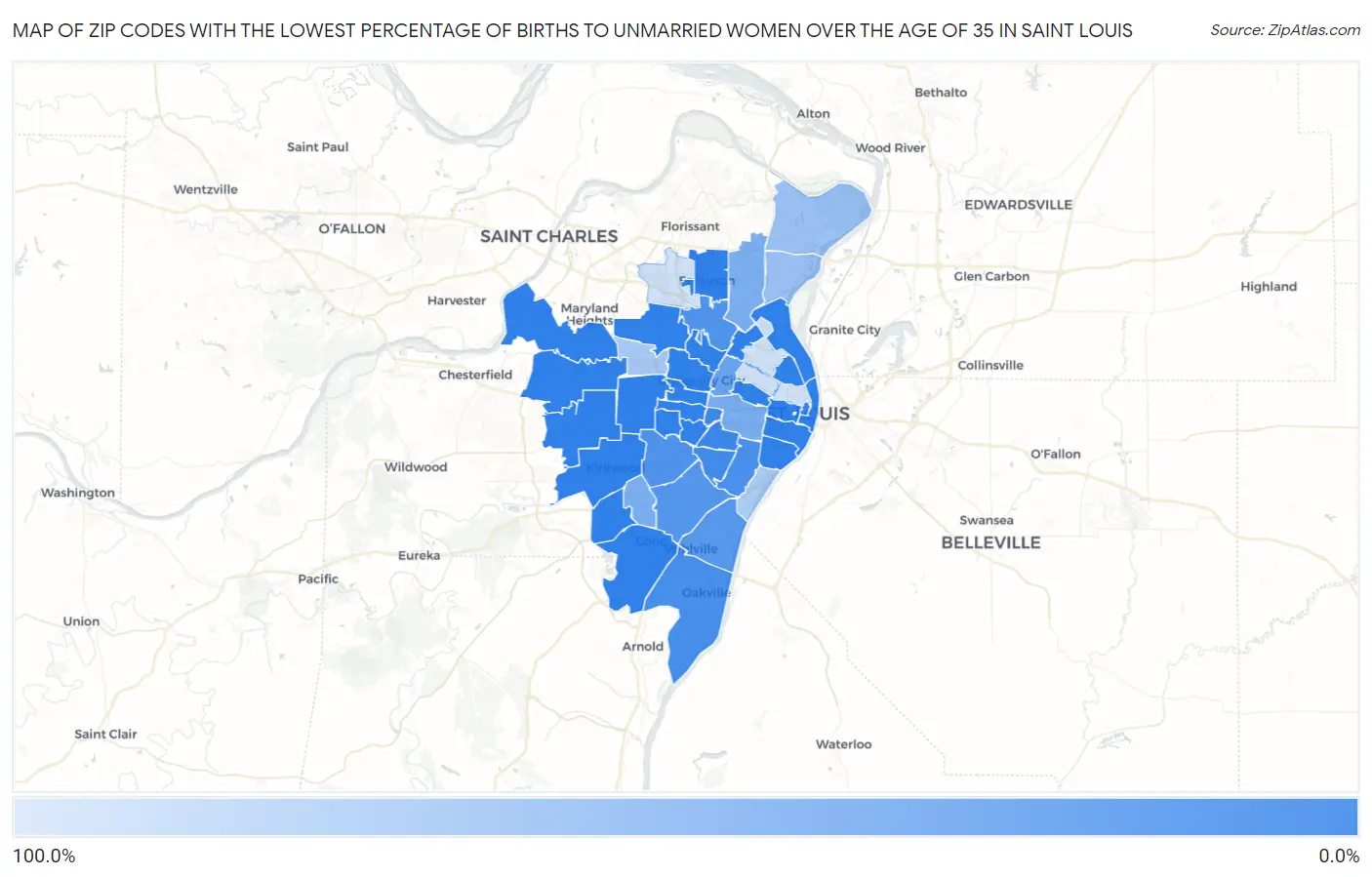 Zip Codes with the Lowest Percentage of Births to Unmarried Women over the Age of 35 in Saint Louis Map