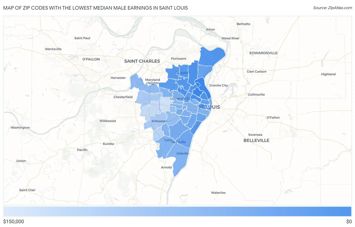 Zip Codes with the Lowest Median Male Earnings in Saint Louis Map