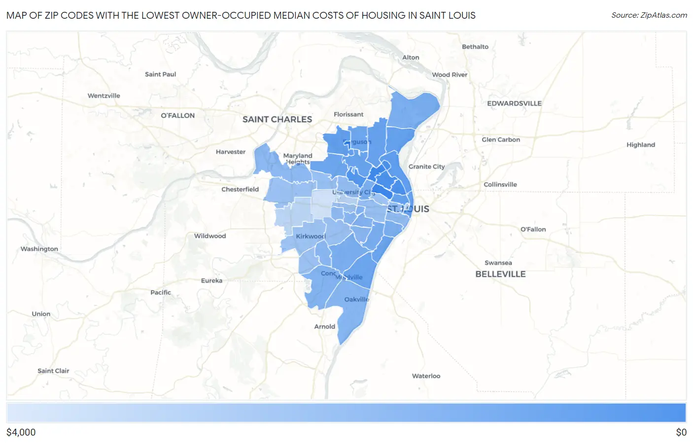 Zip Codes with the Lowest Owner-Occupied Median Costs of Housing in Saint Louis Map