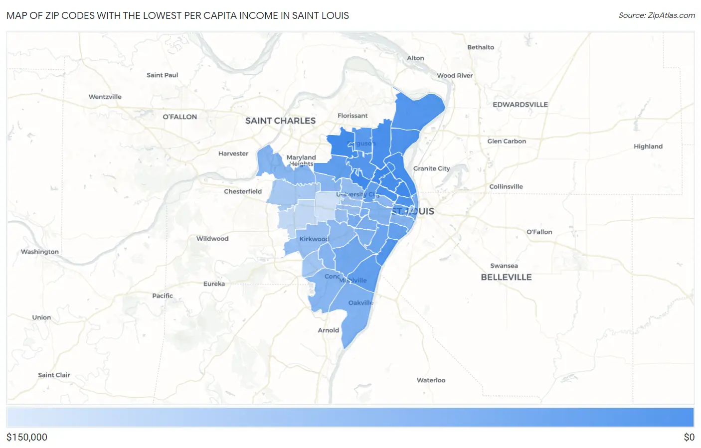 Zip Codes with the Lowest Per Capita Income in Saint Louis Map