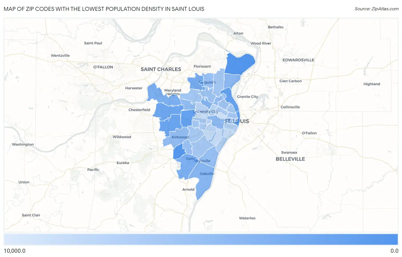 Zip Codes with the Lowest Population Density in Saint Louis Map