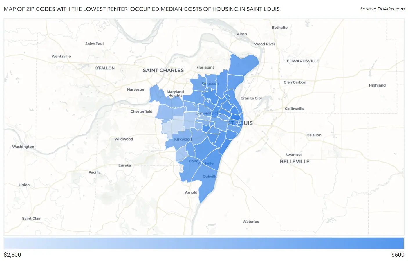 Zip Codes with the Lowest Renter-Occupied Median Costs of Housing in Saint Louis Map