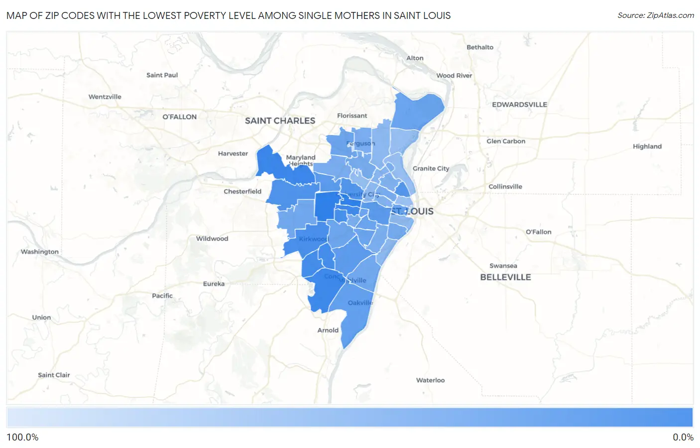 Zip Codes with the Lowest Poverty Level Among Single Mothers in Saint Louis Map
