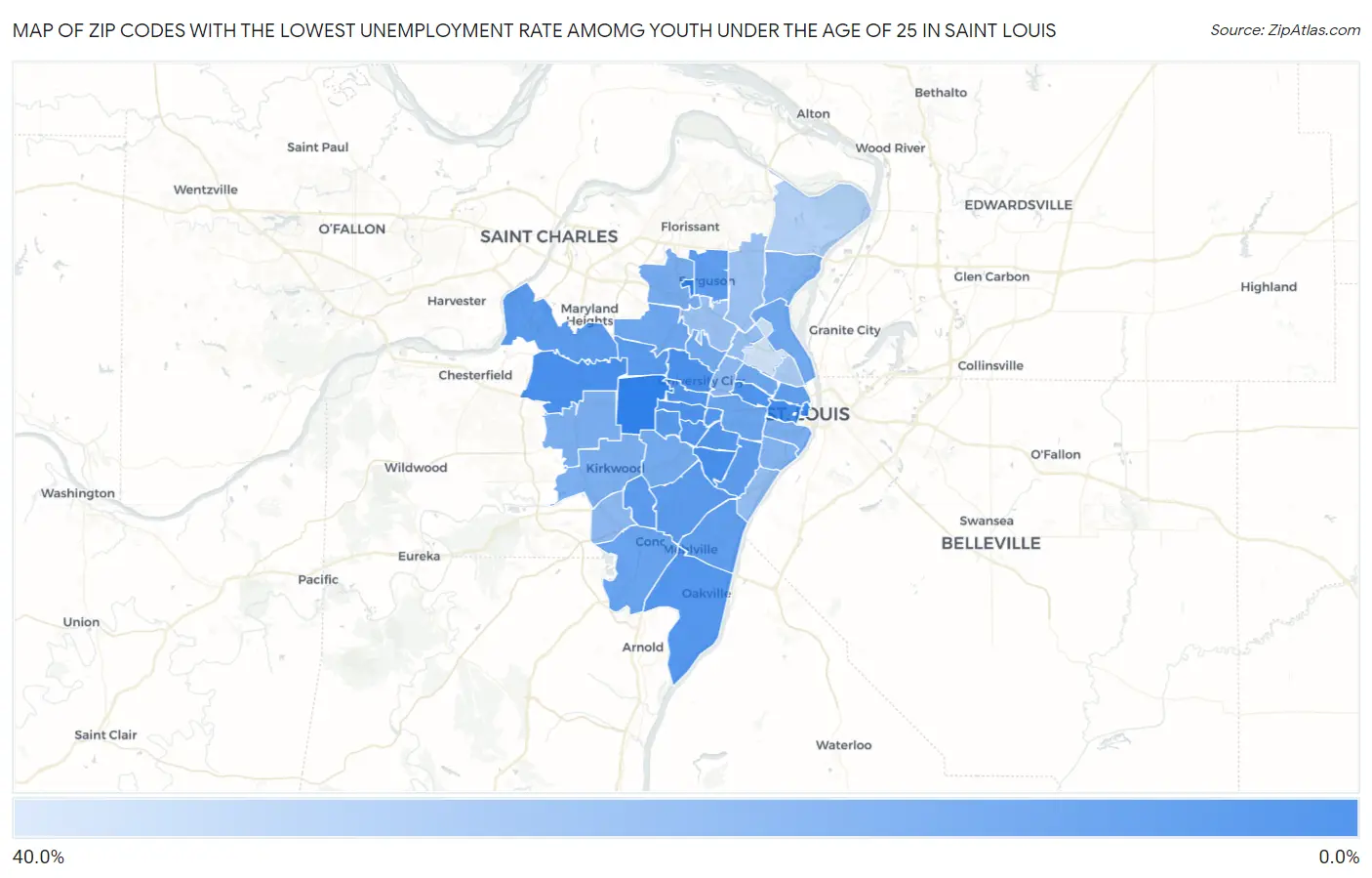 Zip Codes with the Lowest Unemployment Rate Amomg Youth Under the Age of 25 in Saint Louis Map