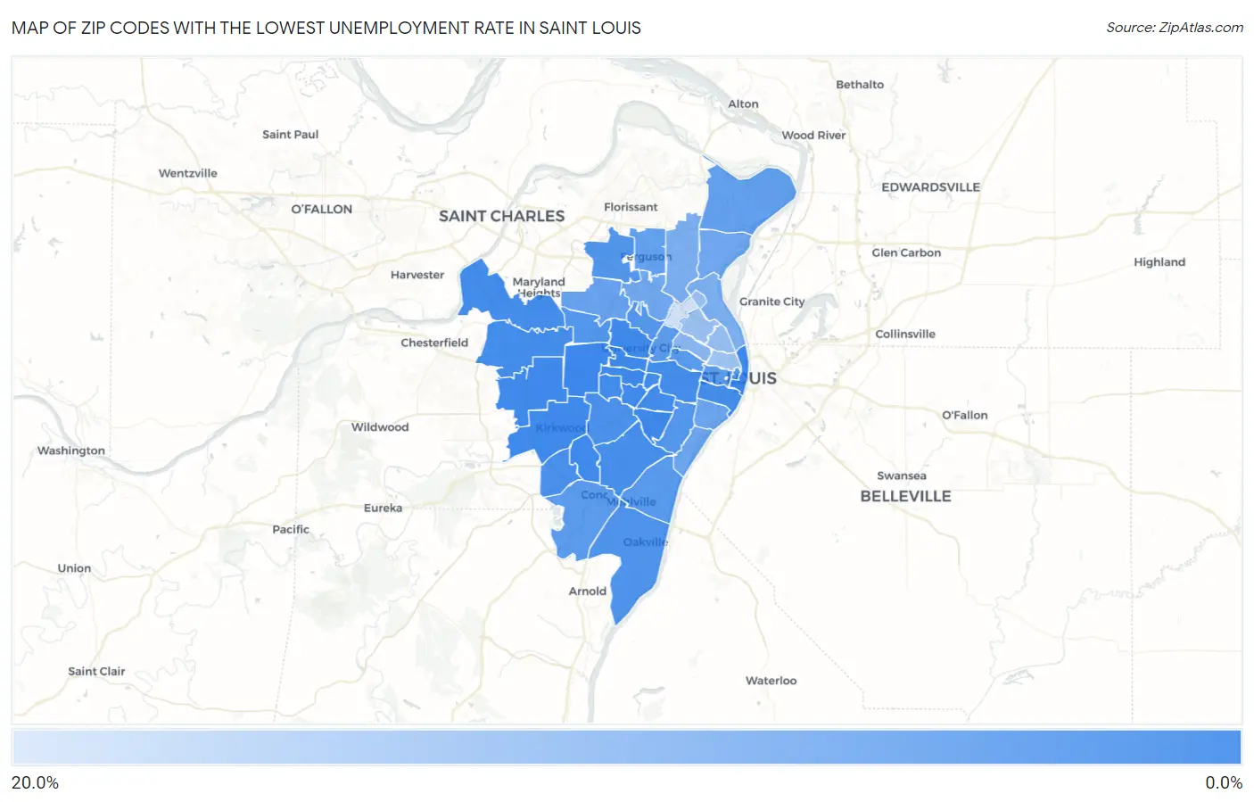 Zip Codes with the Lowest Unemployment Rate in Saint Louis Map