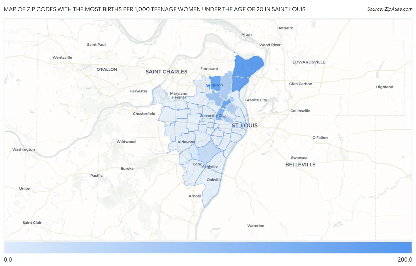 Zip Codes with the Most Births per 1,000 Teenage Women Under the Age of 20 in Saint Louis Map