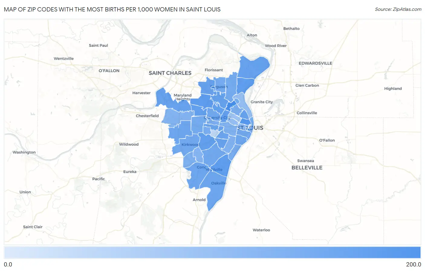 Zip Codes with the Most Births per 1,000 Women in Saint Louis Map