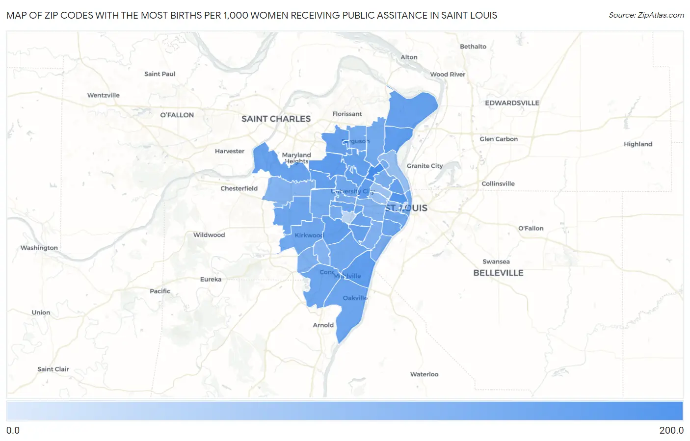 Zip Codes with the Most Births per 1,000 Women Receiving Public Assitance in Saint Louis Map