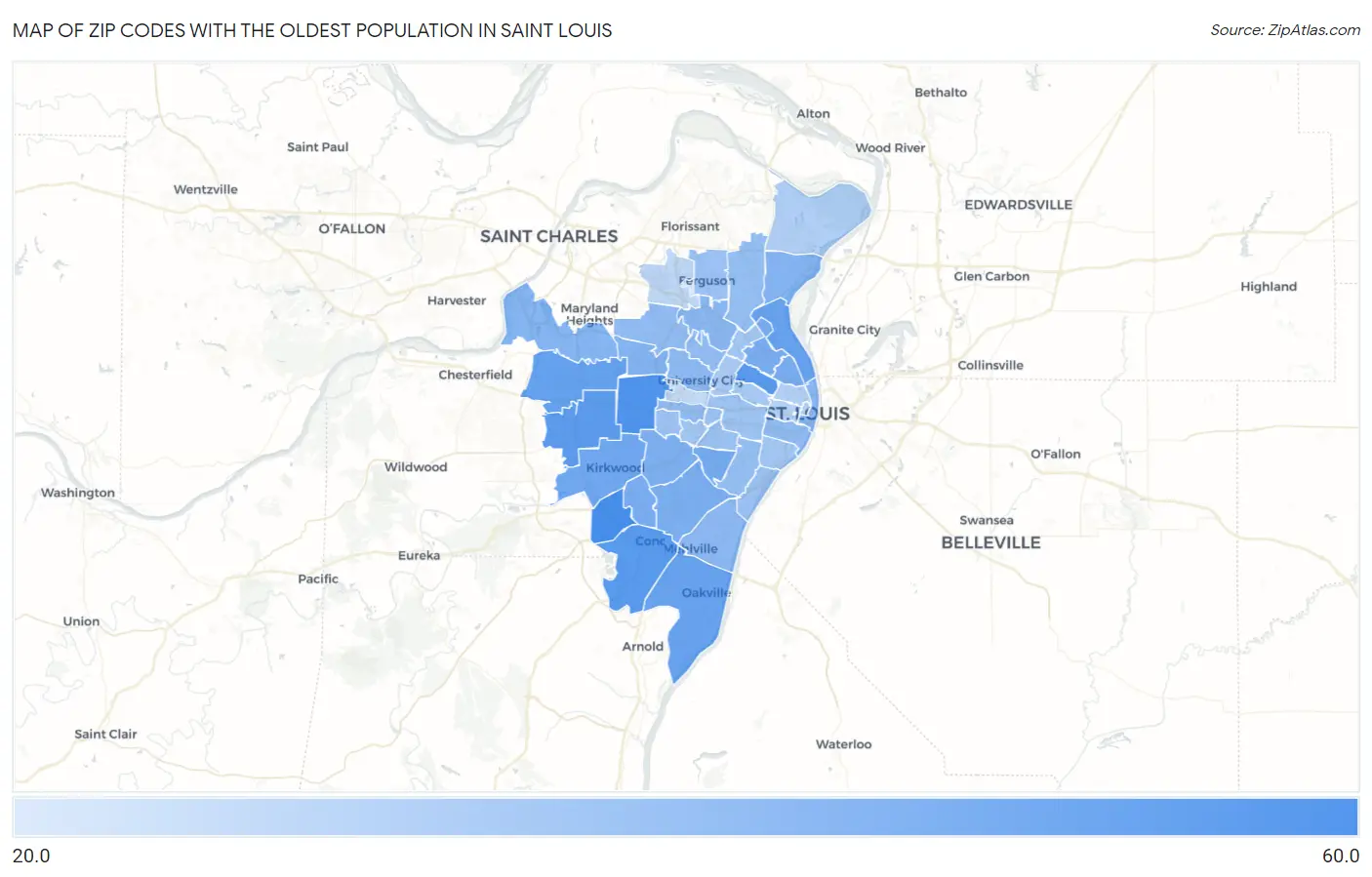 Zip Codes with the Oldest Population in Saint Louis Map
