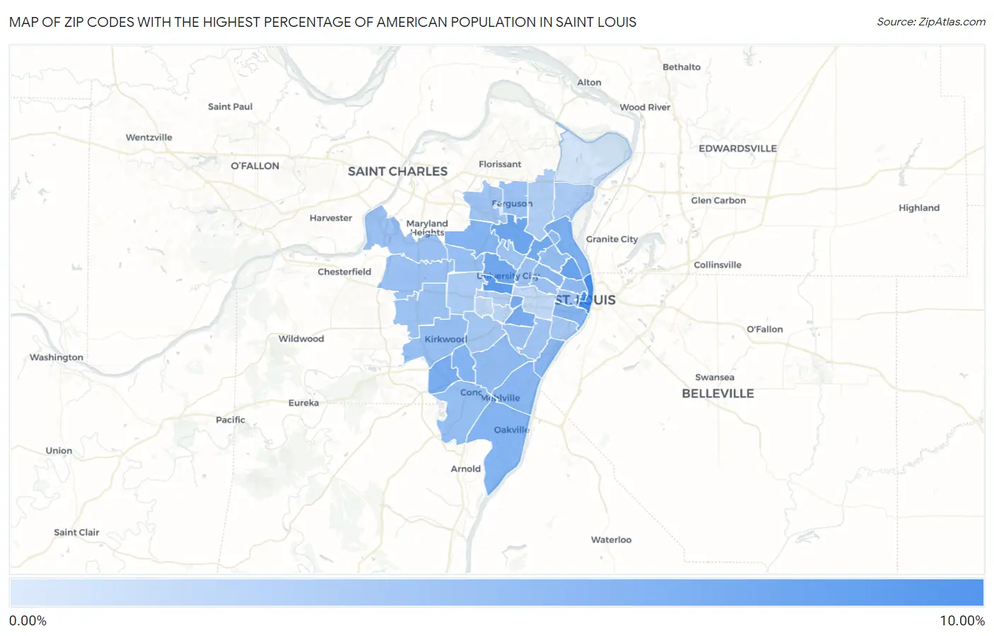 Zip Codes with the Highest Percentage of American Population in Saint Louis Map