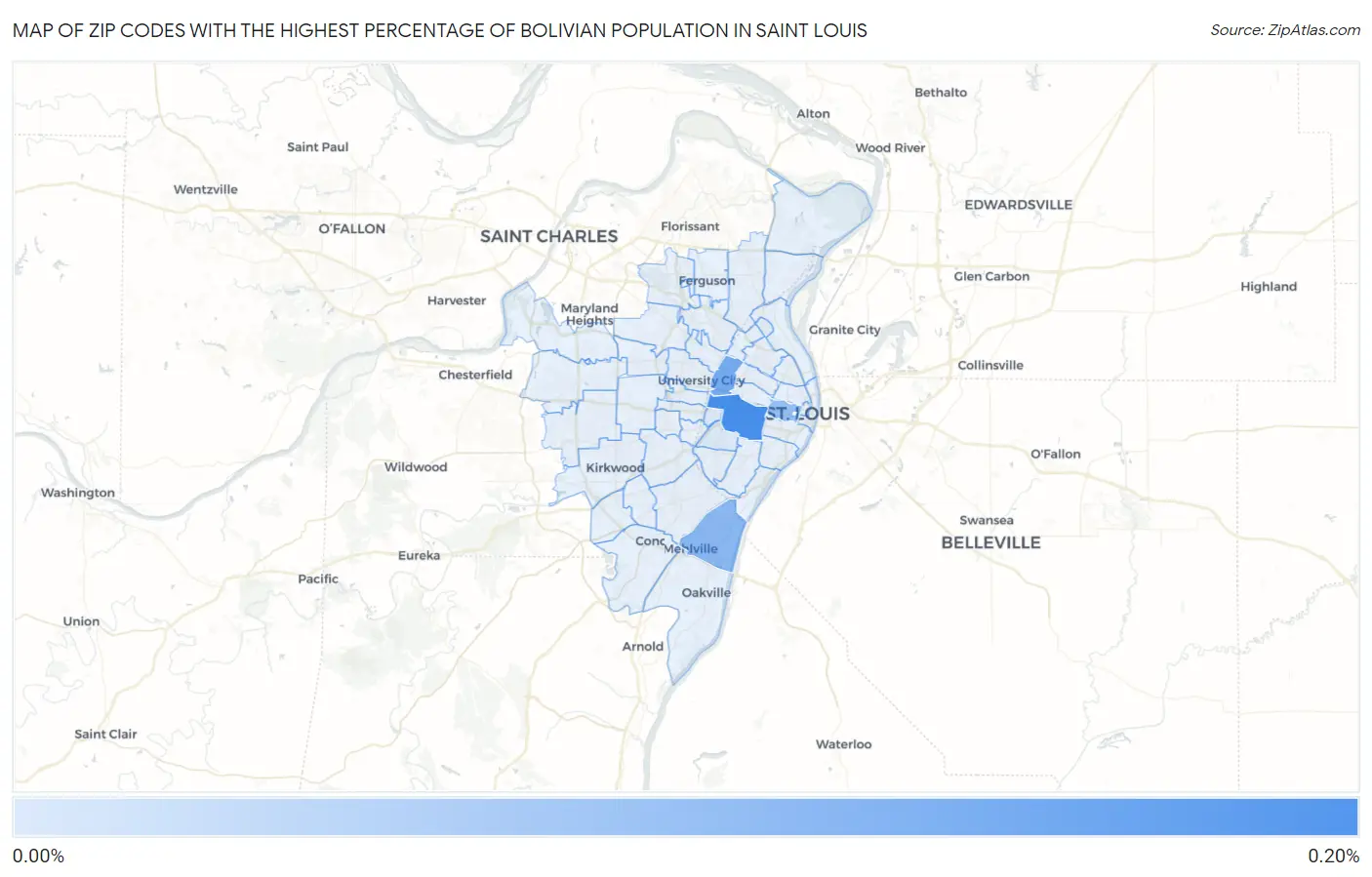 Zip Codes with the Highest Percentage of Bolivian Population in Saint Louis Map