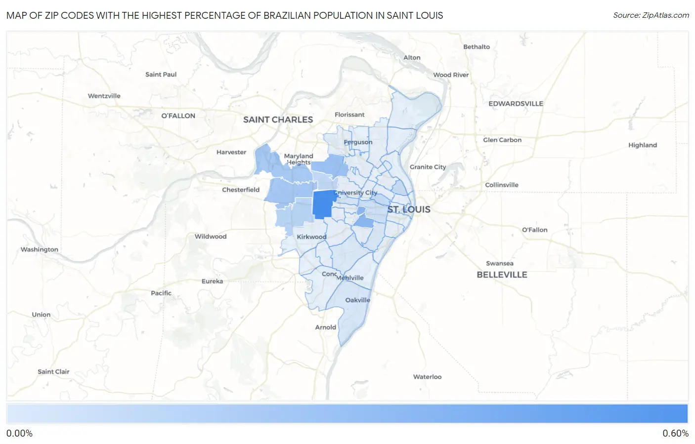 Zip Codes with the Highest Percentage of Brazilian Population in Saint Louis Map