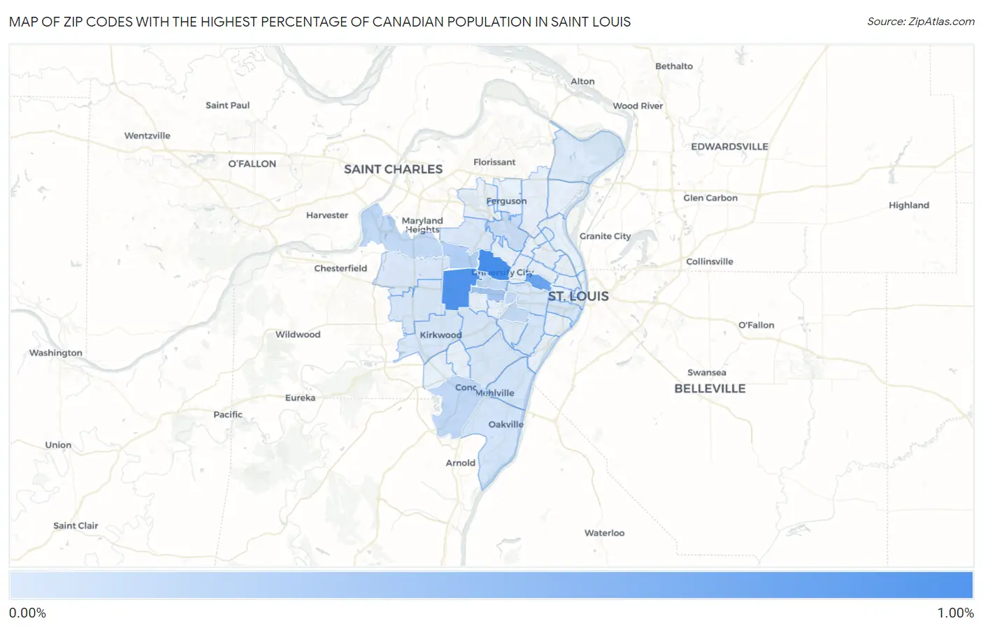 Zip Codes with the Highest Percentage of Canadian Population in Saint Louis Map