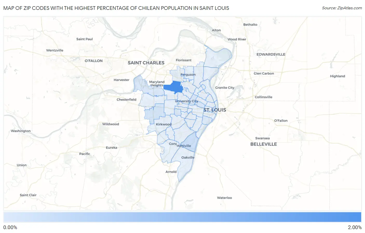 Zip Codes with the Highest Percentage of Chilean Population in Saint Louis Map