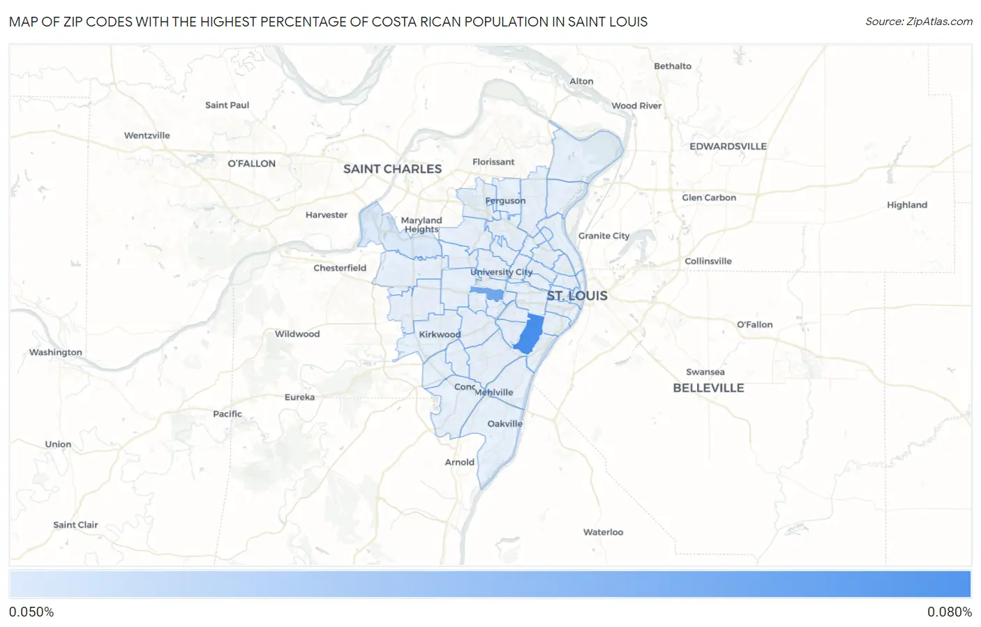 Zip Codes with the Highest Percentage of Costa Rican Population in Saint Louis Map