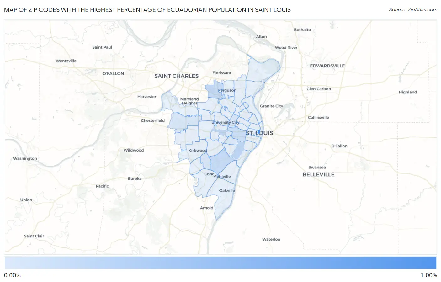 Zip Codes with the Highest Percentage of Ecuadorian Population in Saint Louis Map