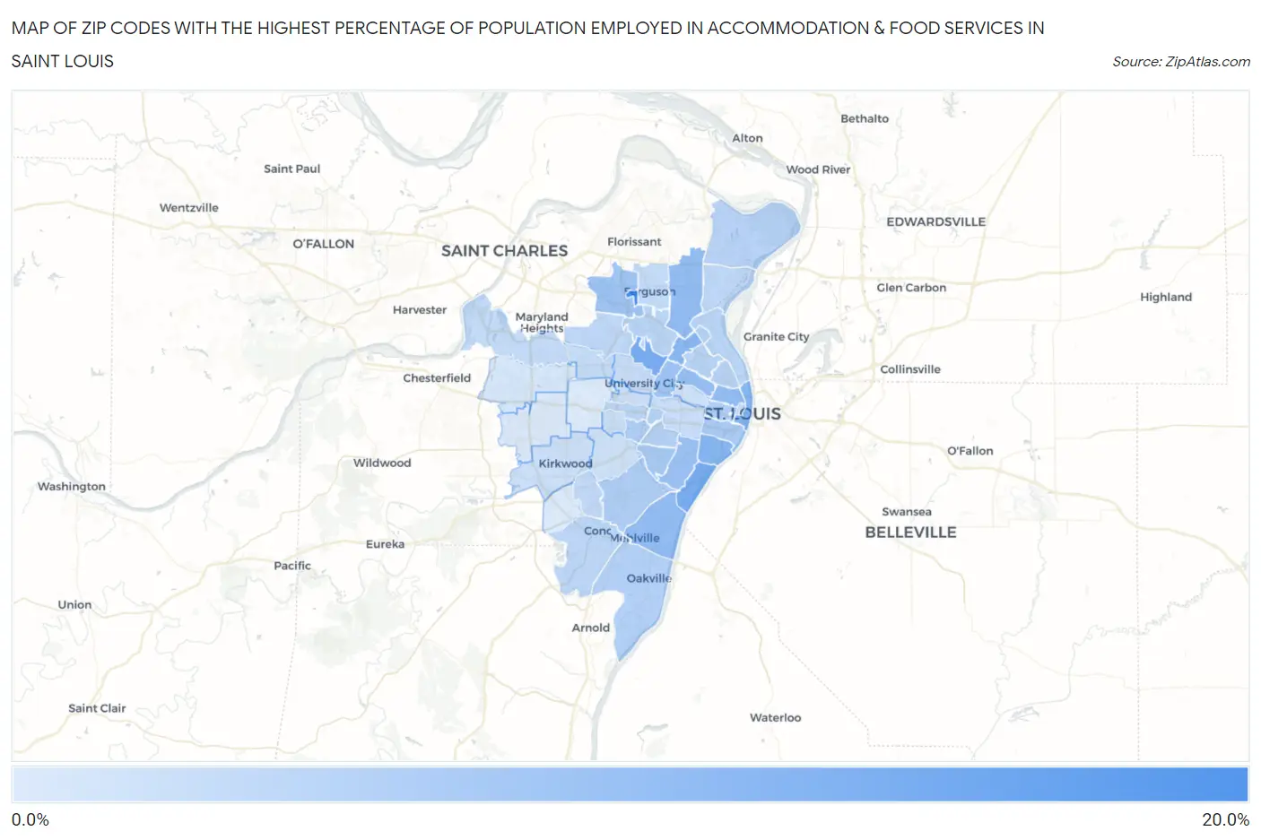 Zip Codes with the Highest Percentage of Population Employed in Accommodation & Food Services in Saint Louis Map