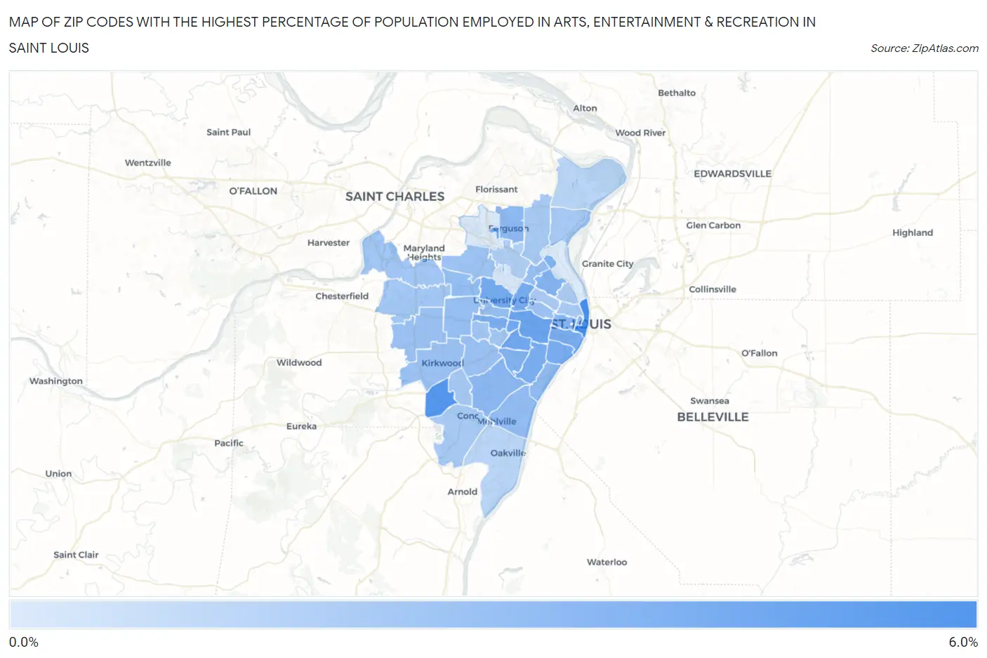 Zip Codes with the Highest Percentage of Population Employed in Arts, Entertainment & Recreation in Saint Louis Map