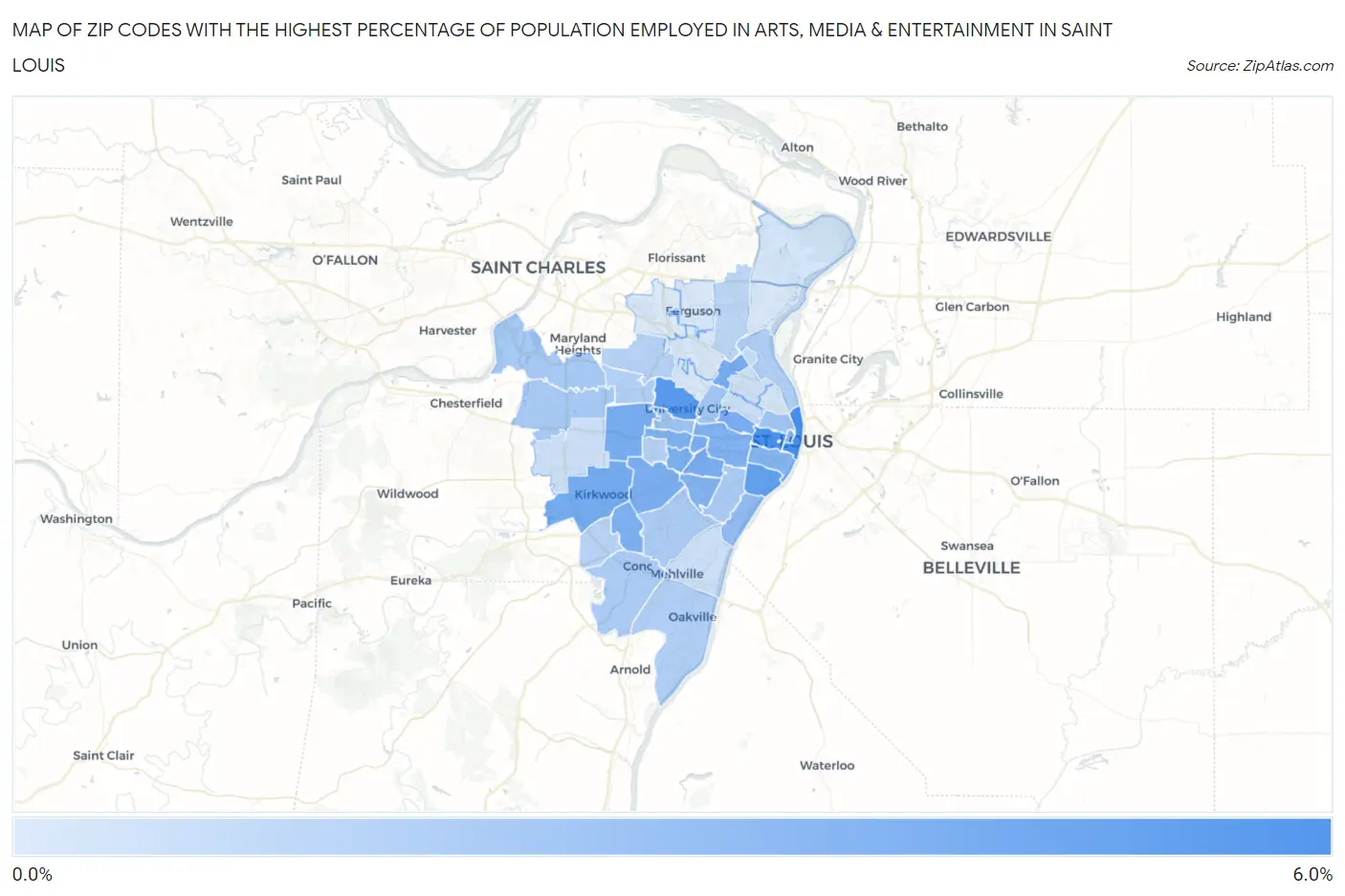 Zip Codes with the Highest Percentage of Population Employed in Arts, Media & Entertainment in Saint Louis Map