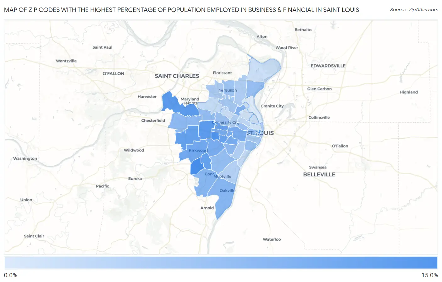 Zip Codes with the Highest Percentage of Population Employed in Business & Financial in Saint Louis Map