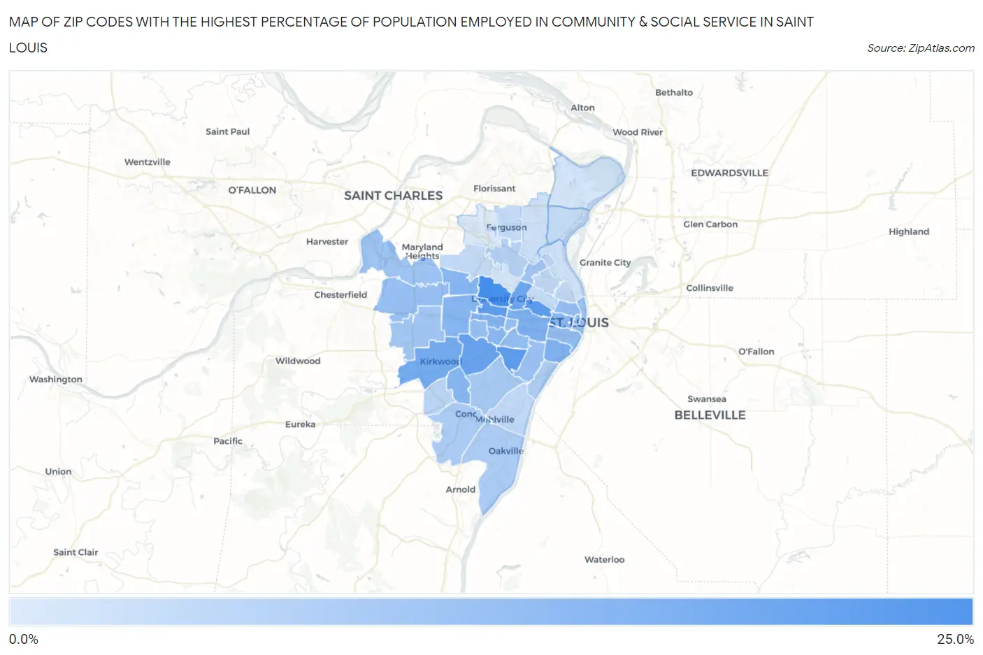 Zip Codes with the Highest Percentage of Population Employed in Community & Social Service  in Saint Louis Map