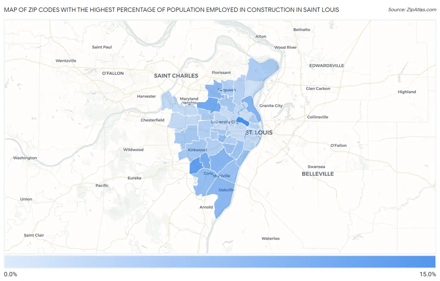 Zip Codes with the Highest Percentage of Population Employed in Construction in Saint Louis Map