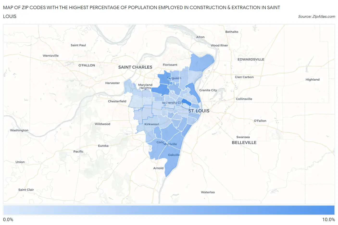 Zip Codes with the Highest Percentage of Population Employed in Construction & Extraction in Saint Louis Map