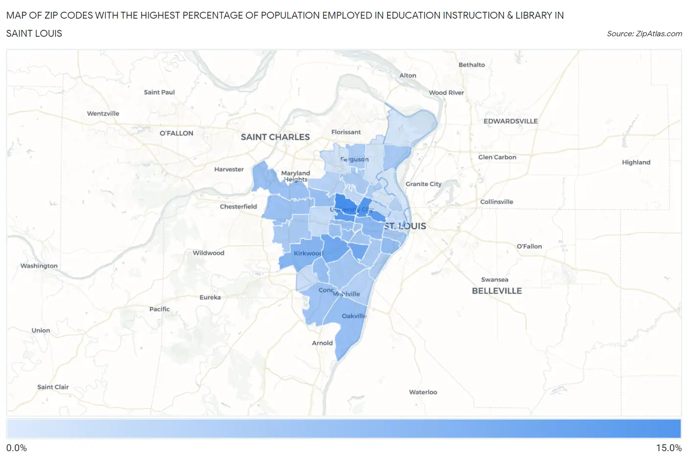 Zip Codes with the Highest Percentage of Population Employed in Education Instruction & Library in Saint Louis Map