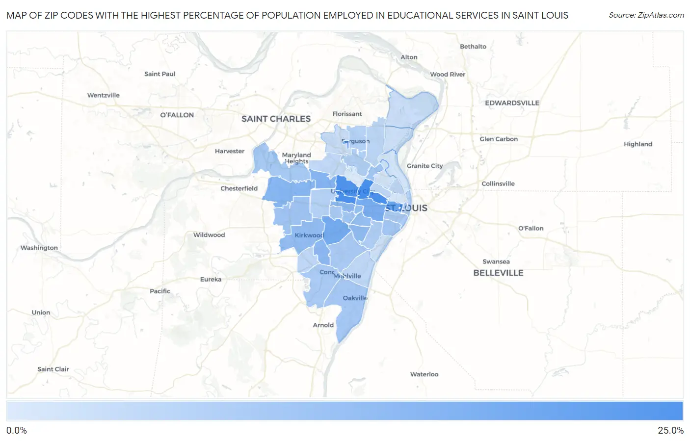 Zip Codes with the Highest Percentage of Population Employed in Educational Services in Saint Louis Map