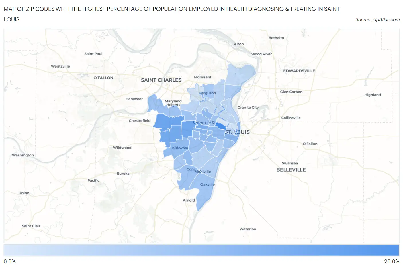 Zip Codes with the Highest Percentage of Population Employed in Health Diagnosing & Treating in Saint Louis Map