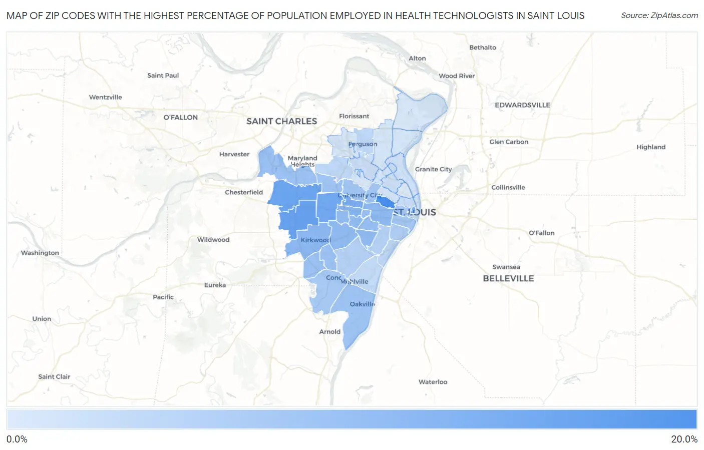 Zip Codes with the Highest Percentage of Population Employed in Health Technologists in Saint Louis Map