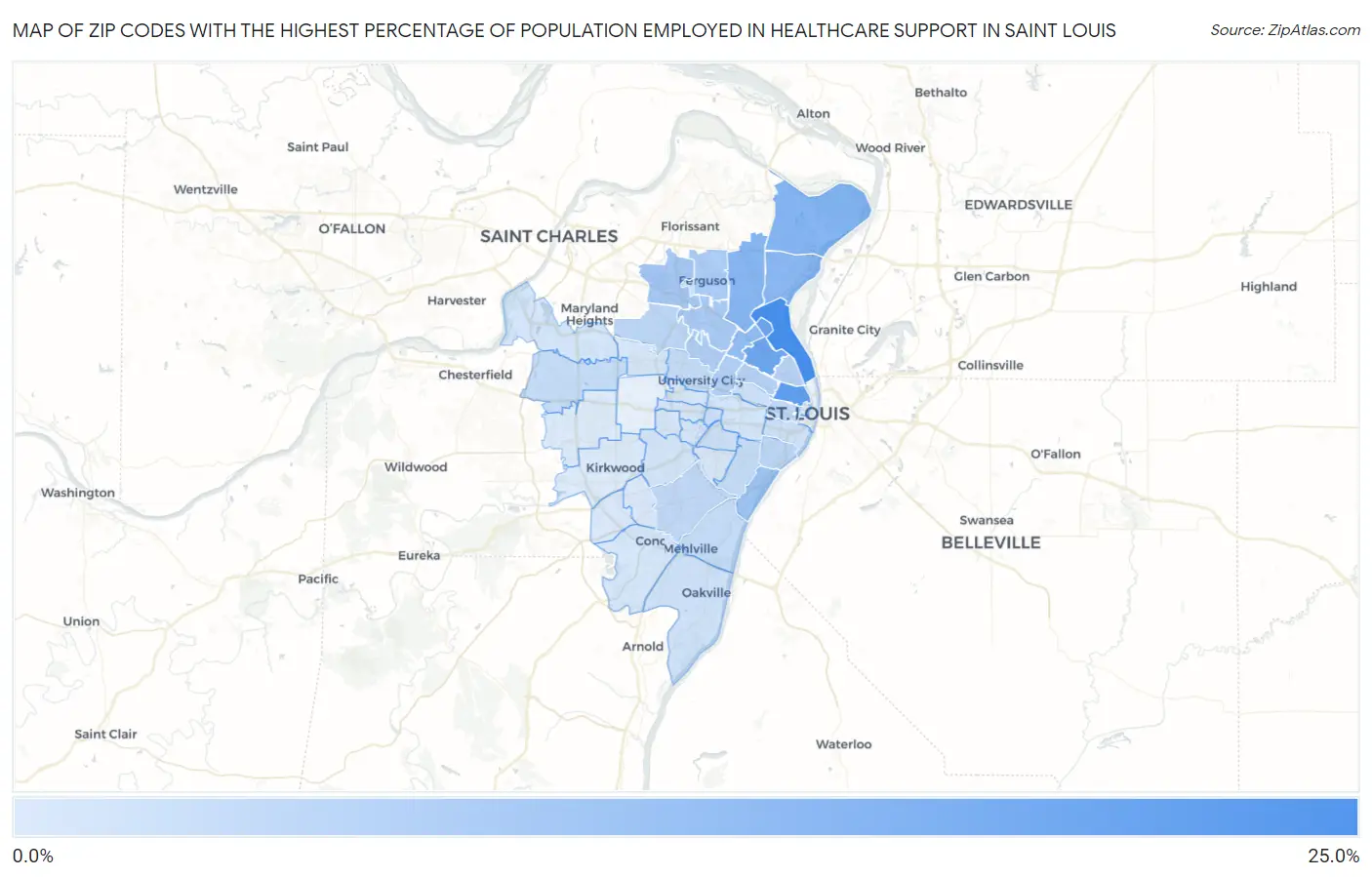 Zip Codes with the Highest Percentage of Population Employed in Healthcare Support in Saint Louis Map
