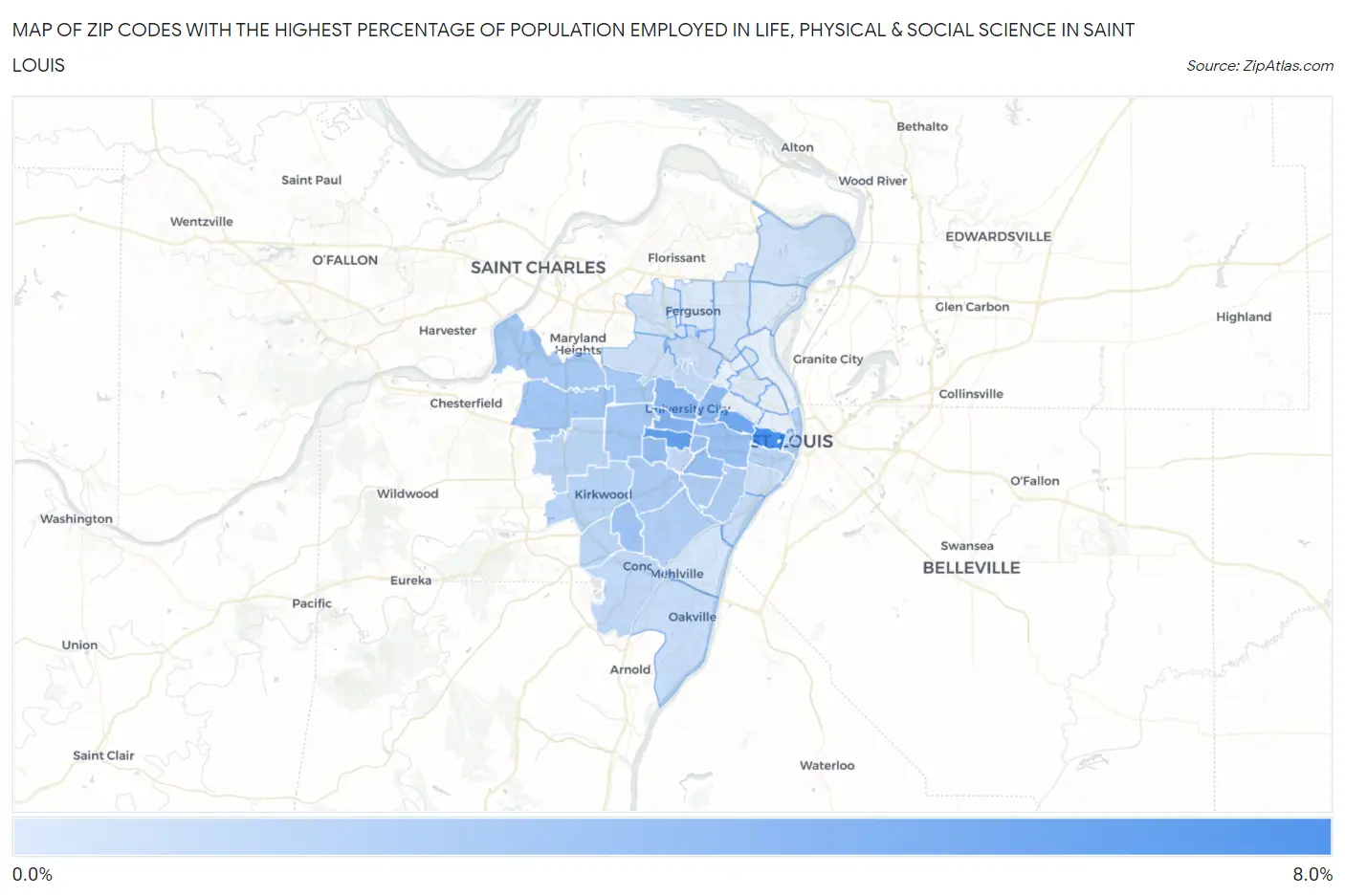 Zip Codes with the Highest Percentage of Population Employed in Life, Physical & Social Science in Saint Louis Map