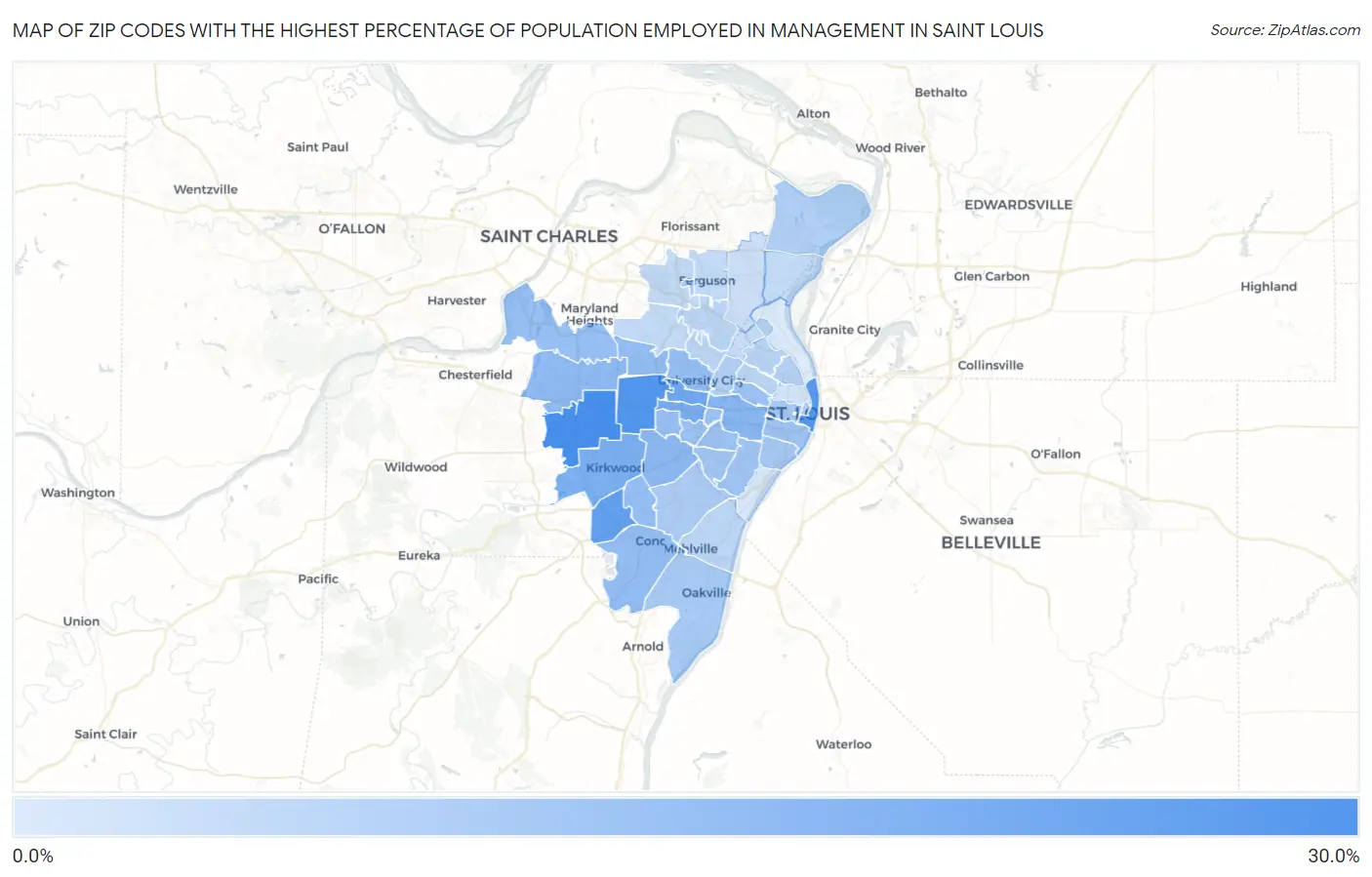 Zip Codes with the Highest Percentage of Population Employed in Management in Saint Louis Map