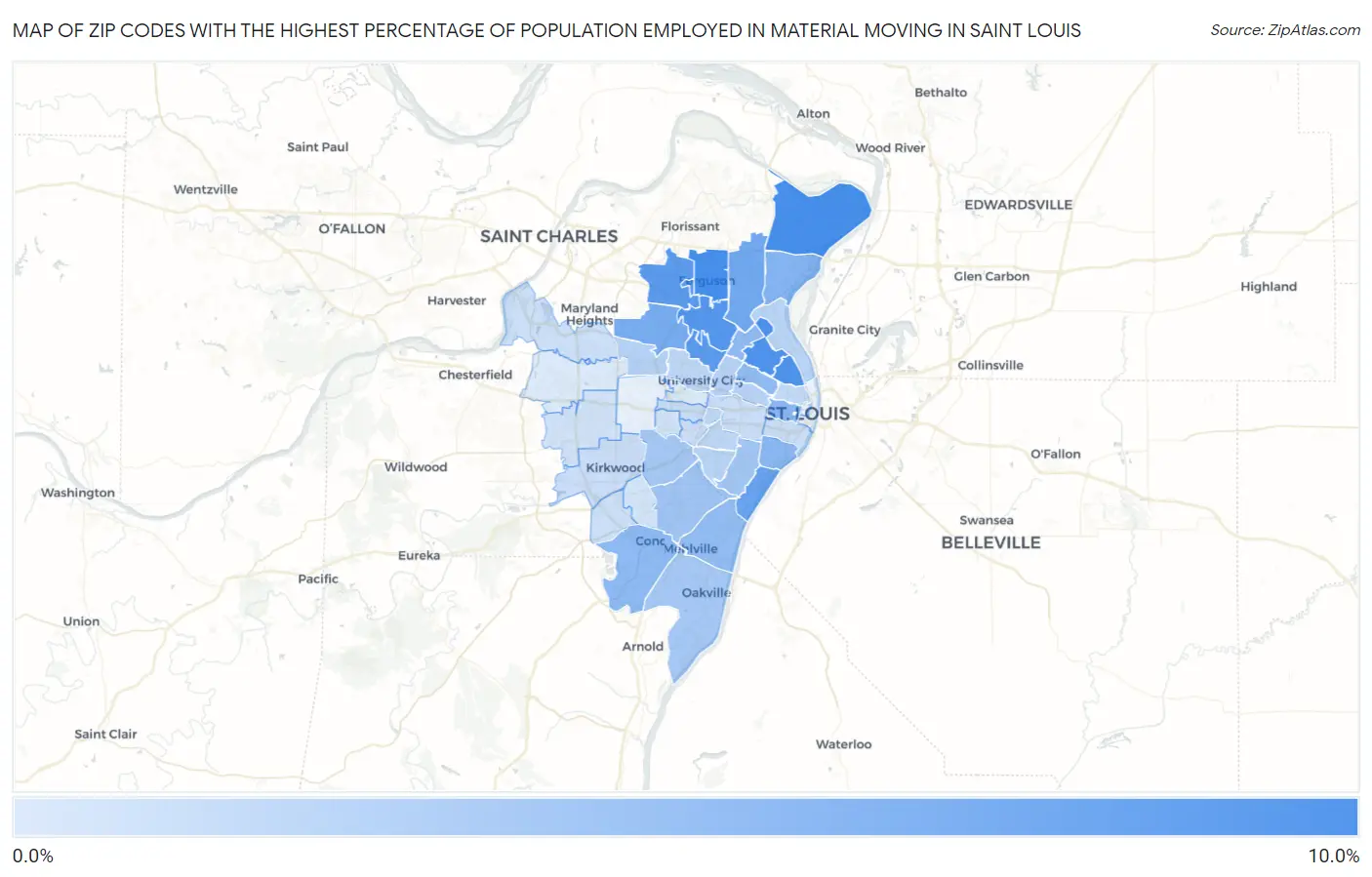 Zip Codes with the Highest Percentage of Population Employed in Material Moving in Saint Louis Map