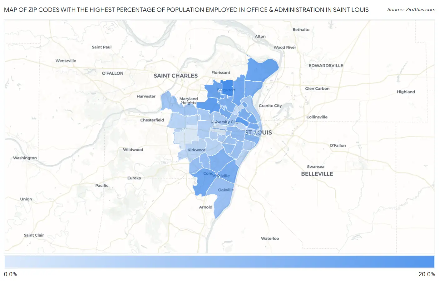 Zip Codes with the Highest Percentage of Population Employed in Office & Administration in Saint Louis Map