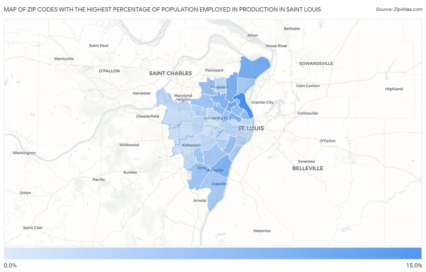 Zip Codes with the Highest Percentage of Population Employed in Production in Saint Louis Map
