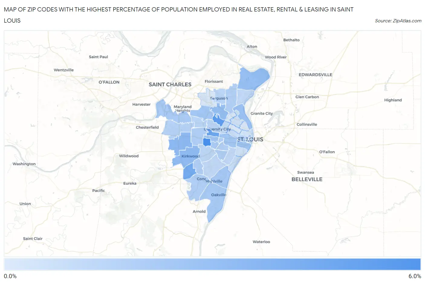 Zip Codes with the Highest Percentage of Population Employed in Real Estate, Rental & Leasing in Saint Louis Map