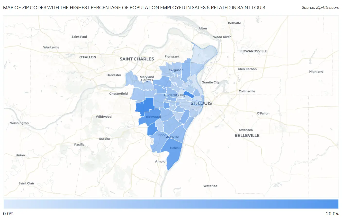 Zip Codes with the Highest Percentage of Population Employed in Sales & Related in Saint Louis Map