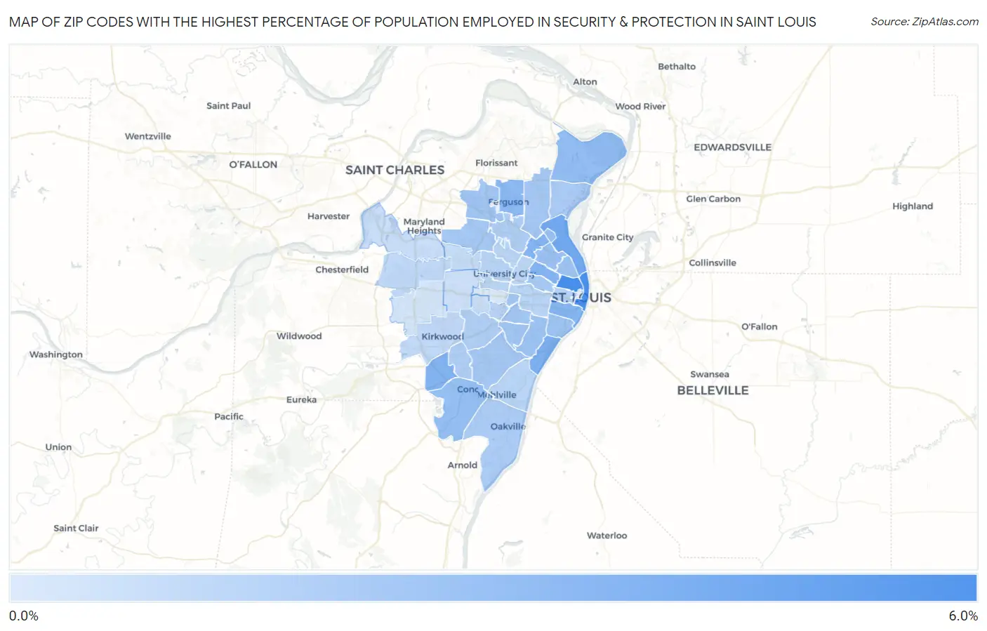 Zip Codes with the Highest Percentage of Population Employed in Security & Protection in Saint Louis Map