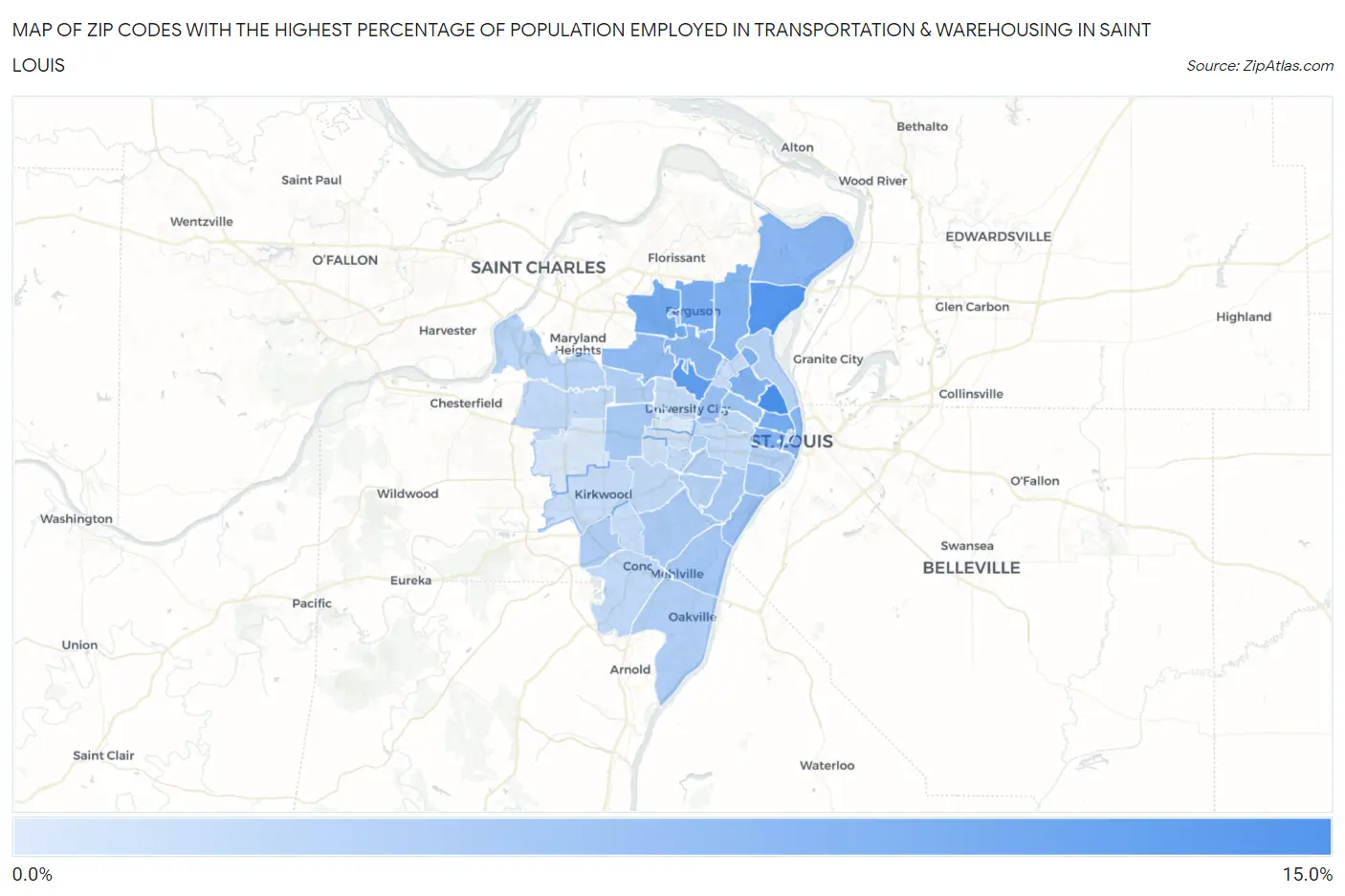 Zip Codes with the Highest Percentage of Population Employed in Transportation & Warehousing in Saint Louis Map