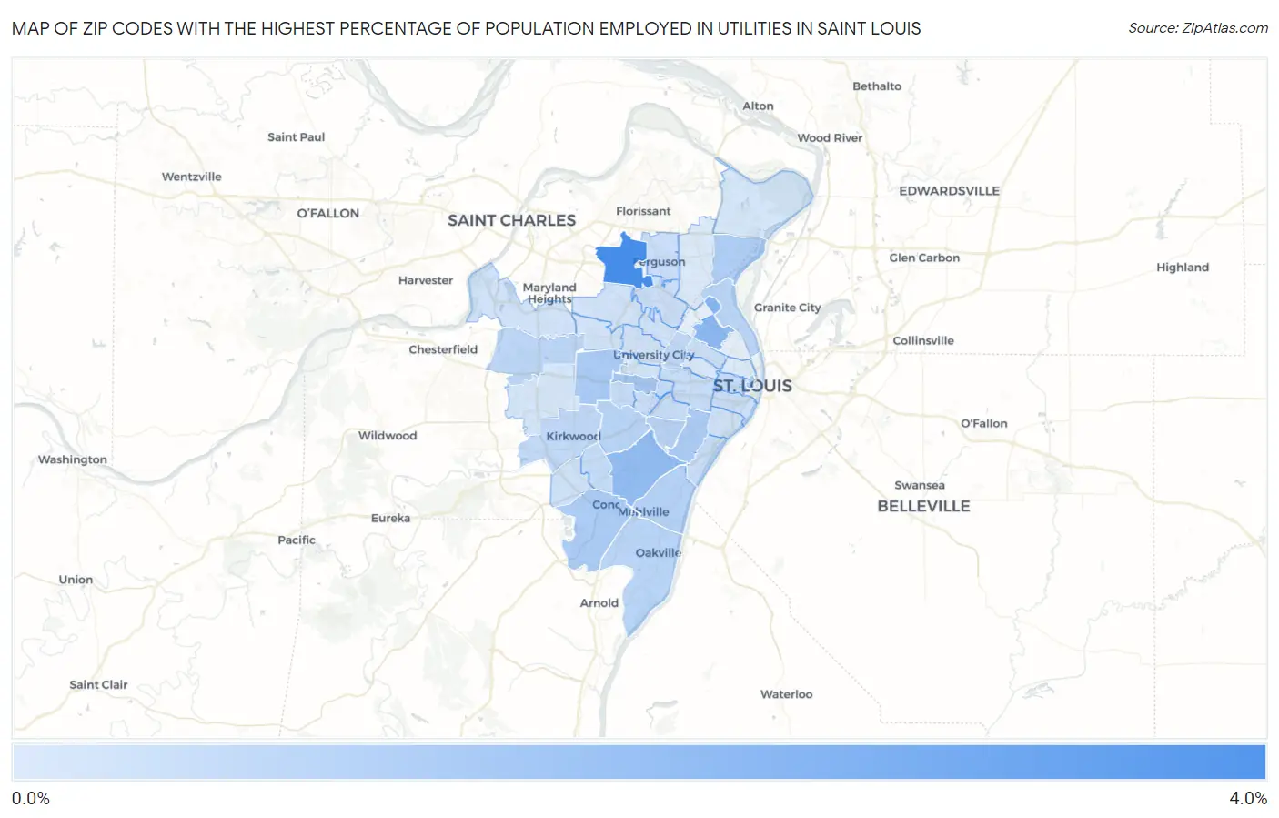 Zip Codes with the Highest Percentage of Population Employed in Utilities in Saint Louis Map