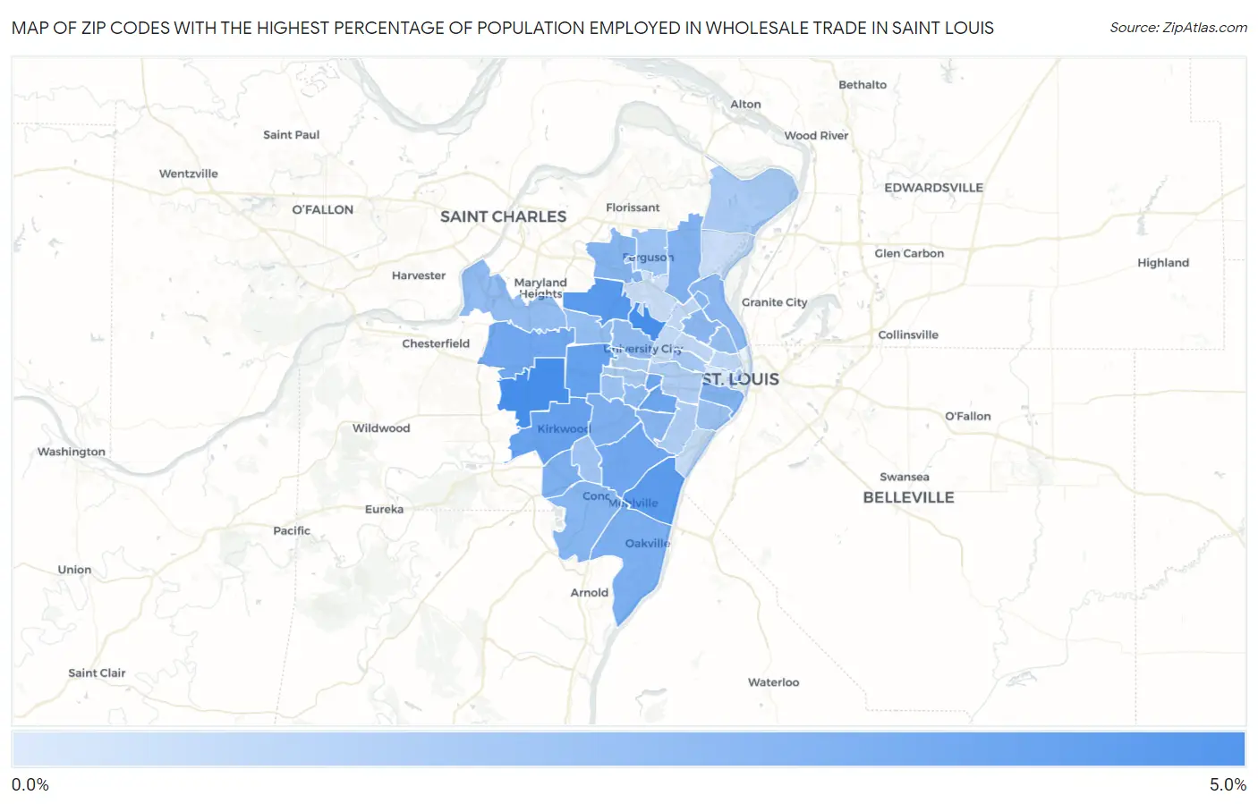 Zip Codes with the Highest Percentage of Population Employed in Wholesale Trade in Saint Louis Map