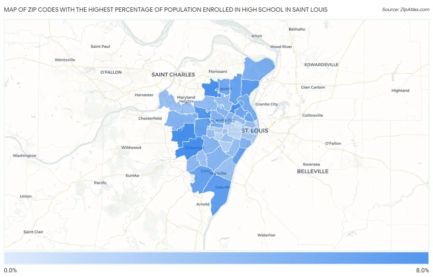 Zip Codes with the Highest Percentage of Population Enrolled in High School in Saint Louis Map