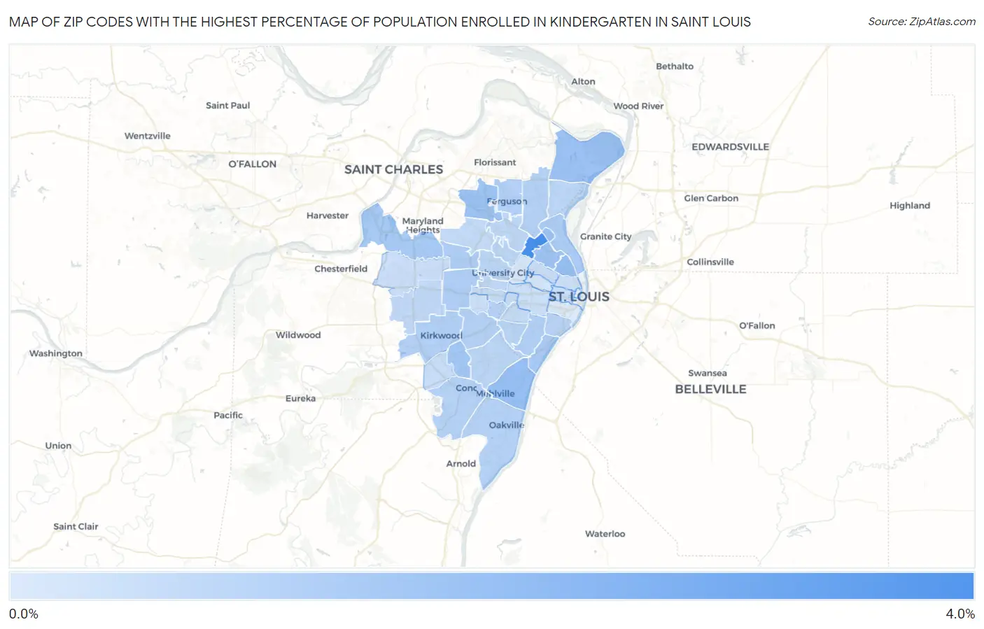 Zip Codes with the Highest Percentage of Population Enrolled in Kindergarten in Saint Louis Map