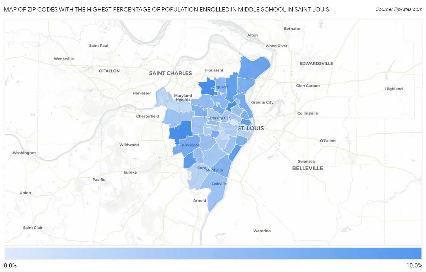 Zip Codes with the Highest Percentage of Population Enrolled in Middle School in Saint Louis Map