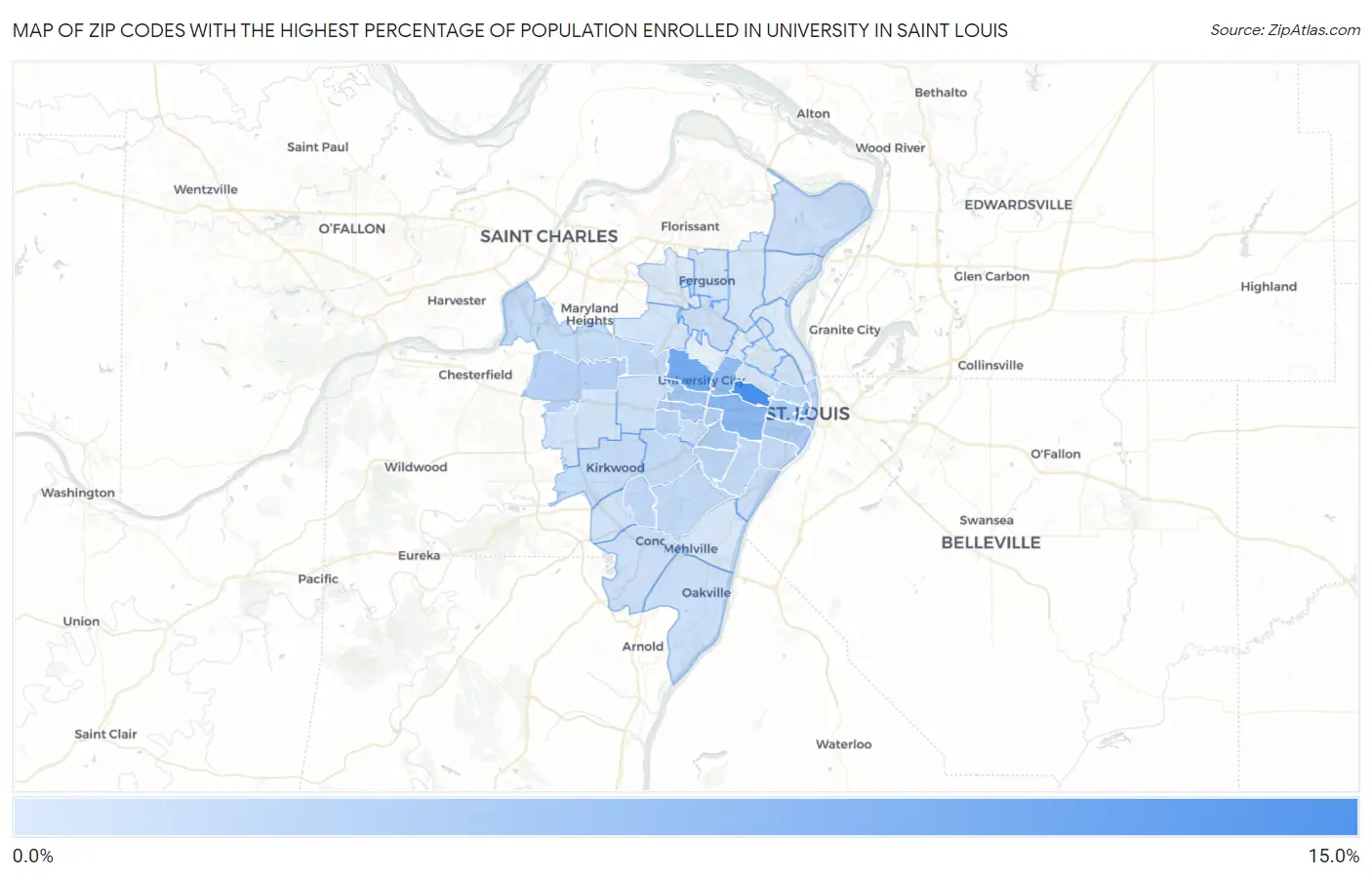 Zip Codes with the Highest Percentage of Population Enrolled in University in Saint Louis Map