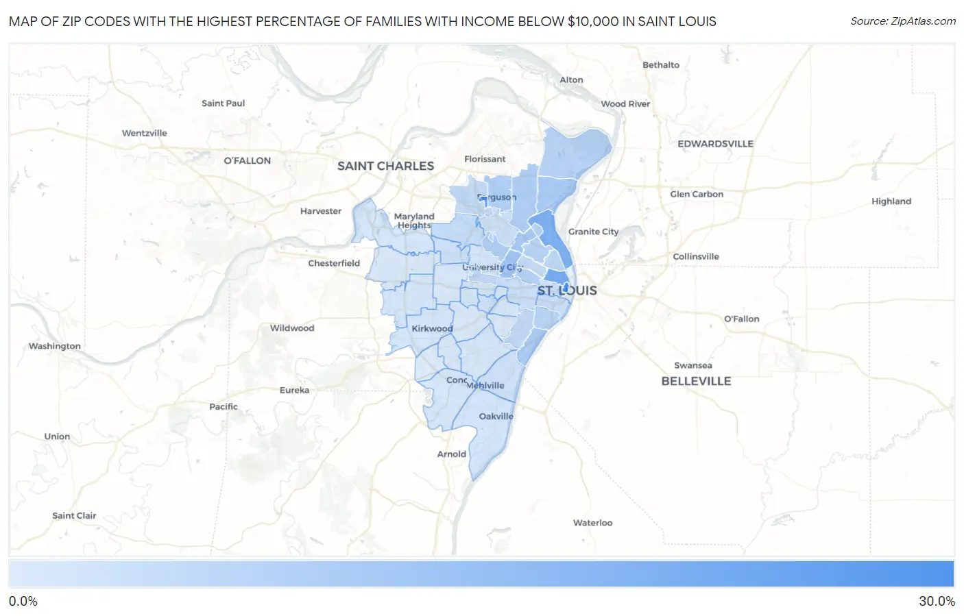 Zip Codes with the Highest Percentage of Families with Income Below $10,000 in Saint Louis Map