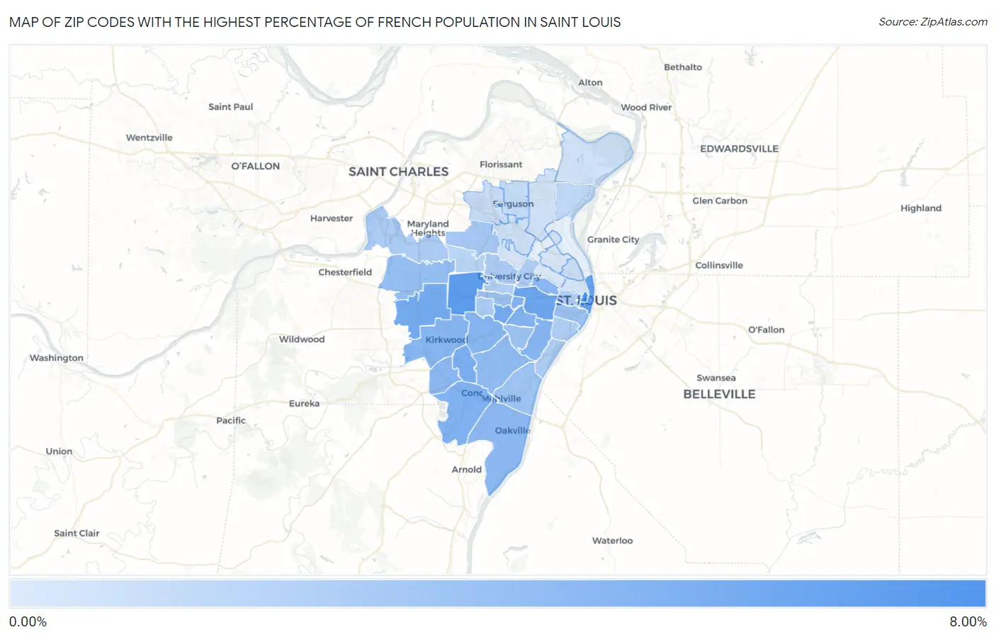 Zip Codes with the Highest Percentage of French Population in Saint Louis Map
